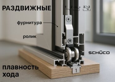 Крупный план фурнитуры и ролика раздвижной рамы Schuco в разрезе, демонстрация плавности хода